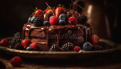 A Gourmet Chocolate Cake With Fresh Berry Fruit Indulgence Generated By