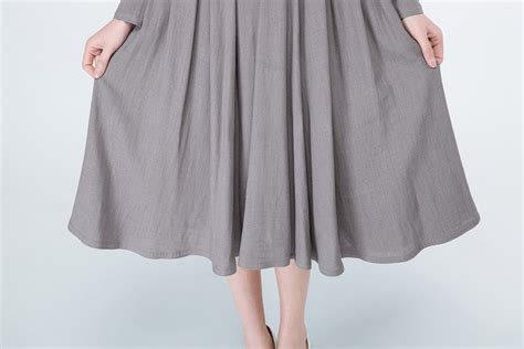 Gray Dress Women Crew Neck Linen Dress Long Sleeve Linen Etsy Uk