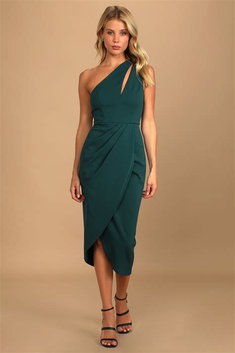 Hunter Green Midi Dress One Shoulder Dress Asymmetrical Dress Lulus