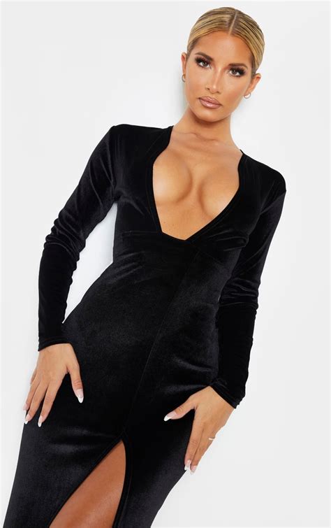 Robe Longue Fendue En Velours Noir à Décolleté Prettylittlething Fr