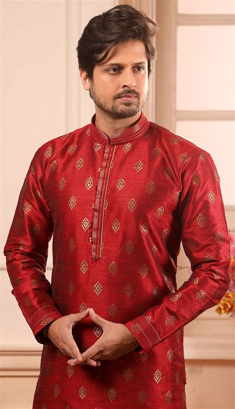 Red And Maroon Color Brocade Jacquard Fabric Kurta Pyjamas 1609284