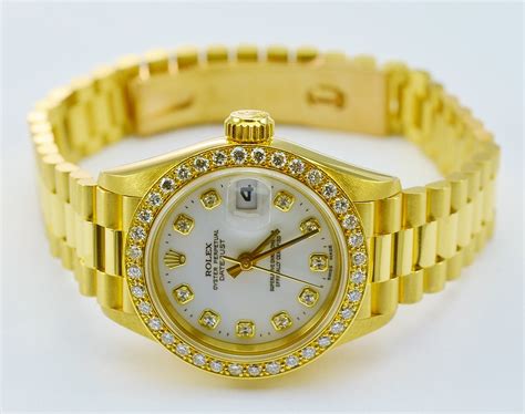 Rolex Datejust All Factory Crown Collection Ladies President 18k Yellow Gold White Dial Diamond