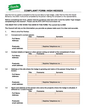 Fillable Online COMPLAINT FORM HIGH HEDGES Telephone Fax Email