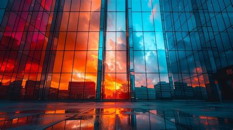 A Colorful Sunset Reflected In A Buildings Glass Facade Premium Ai