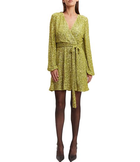 Bardot Bellissa Sequin V Neck Long Sleeve Tie Front Wrap Mini Dress