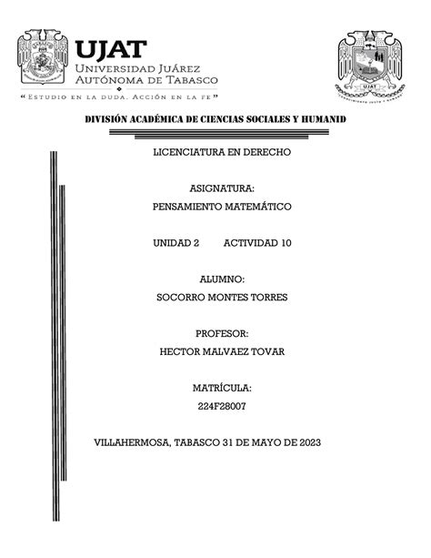 Pensamientomatematico U2 A10 DIVISIÓN ACADÉMICA DE CIENCIAS SOCIALES