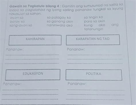 Gawain Sa Pagkatuto Bilang 4 Gamitin Ang Sumusunod Na Salita Saibaba