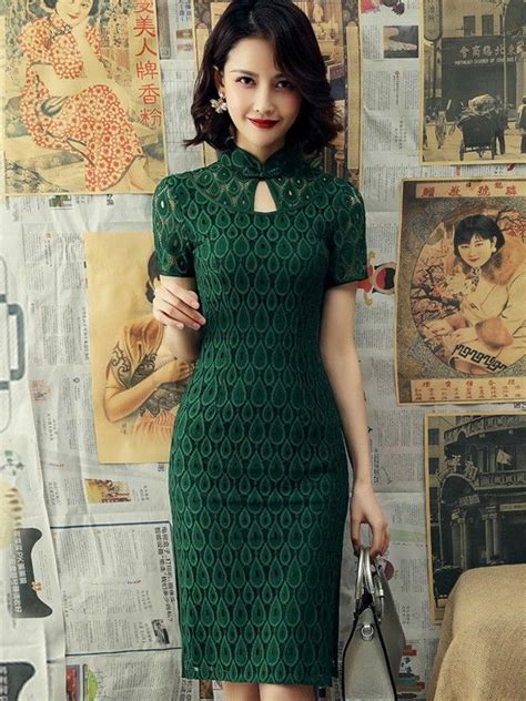 Green Lace Keyhole Modern Qipao Cheongsam Dress Cozyladywear Green Lace Dresses Cheongsam