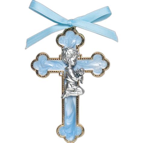 Blue Pearl Enamel Kneeling Boy Cross Tonini Church Supply