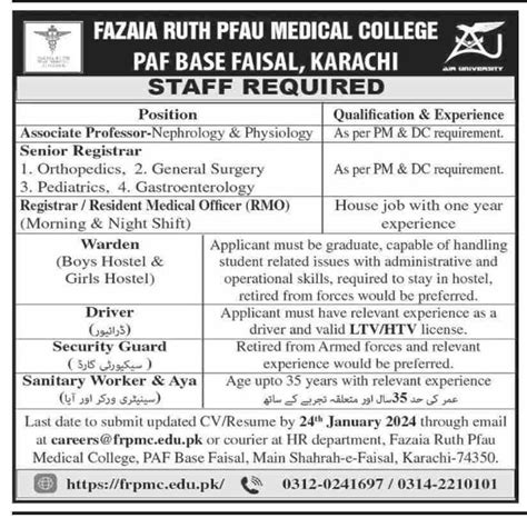 Fazaia Ruth Pfau Medical College Karachi Jobs