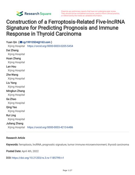 Pdf Construction Of A Ferroptosis Related Five Lncrna Signature For