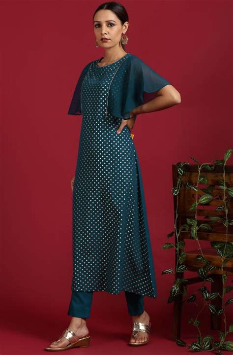 Buy Janasya Women S Teal Poly Crepe A Line Kurta With Pant Online At