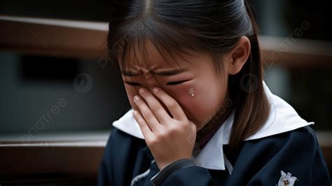 The Girl Is Crying Over Her Hand And Face In A Blue Jacket Background