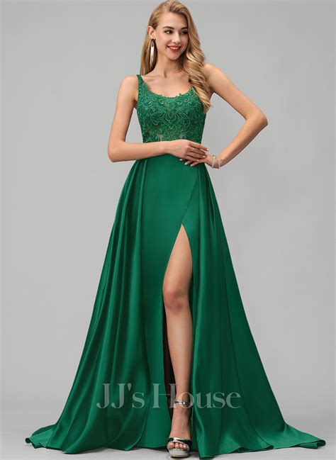 A Line Square Neckline Sweep Train Satin Prom Dresses With Lace Sequins