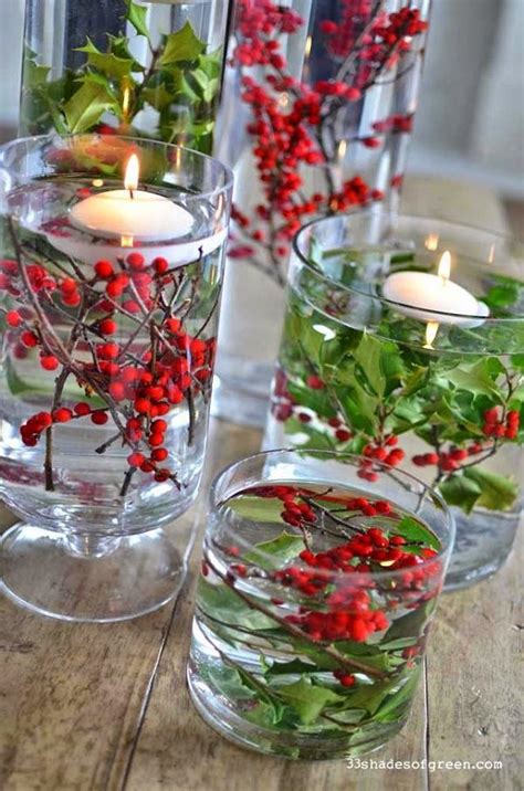 Clear Glass Vases Berries And Greenery And Floating Candles Christmas Centerpiece Deer Pearl