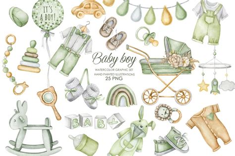 Watercolor boho nursery clipart. Green baby shower