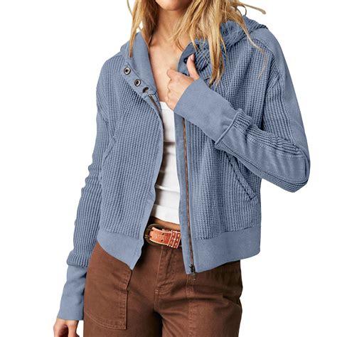 Deholifer Women Waffle Jacket Cotton Knit Hoodies Zip Up Cropped Jacket