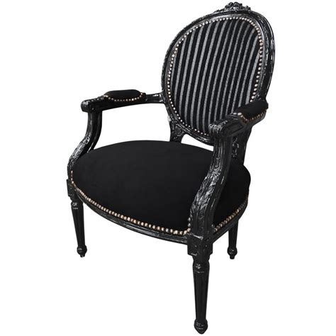 Fauteuil Louis XVI de style baroque rayé noir et blanc en velours et