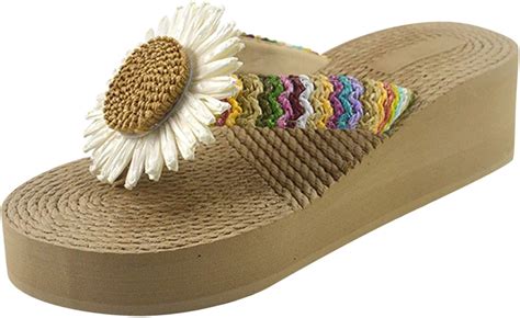 Nvtuuer Womens Straw Flip Flops Chrysanthemum Rope Thong Platform