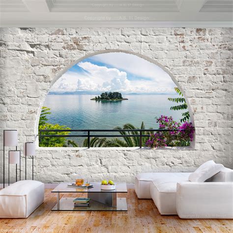 Steinwand Strand Meer Fenster VLIES FOTOTAPETE 3D WOHNZIMMER TAPETE