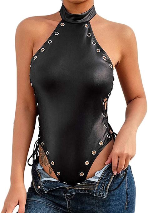 Amazon Women Sexy Black Leather Lingerie Bodysuits Erotic Leotard