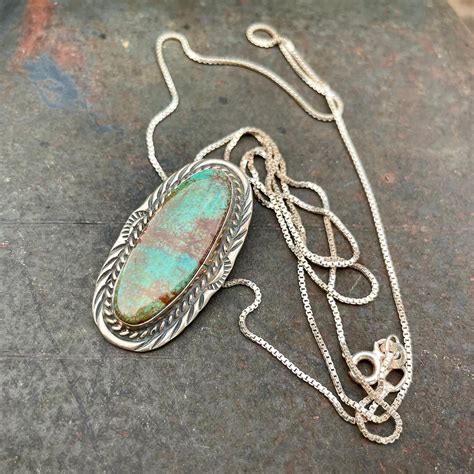 Vintage Medium Small Turquoise Pendant Necklace On Fine Silver Chain