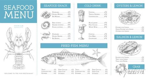 Seafood Restaurant Menu Design With Hand Drawing Fish Vector • Wall