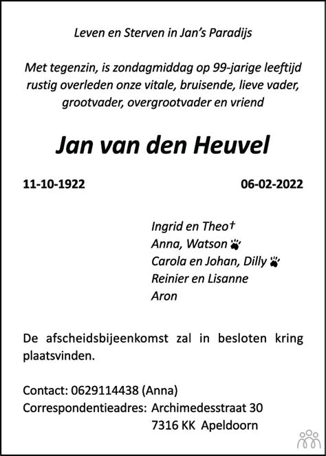 Jan Van Den Heuvel Overlijdensbericht En Condoleances