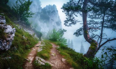 Mysterious Dark Forest With Mossy Trees And Fog In The Background Stock