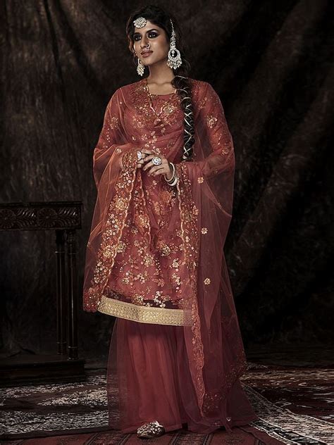 Burnt Orange Soft Net Sharara Suit With Sequins Work And Soft Net