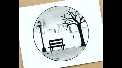 a black and white drawing of a bench in the middle of a park with trees