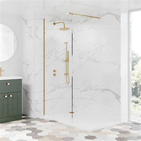 Scudo S8 Brushed Brass Easy Clean 8mm 2 Panel Walk In Glass Enclosure