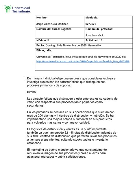 Actividad 13 1 De Manera Individual Elige Una Empresa Que Consideres