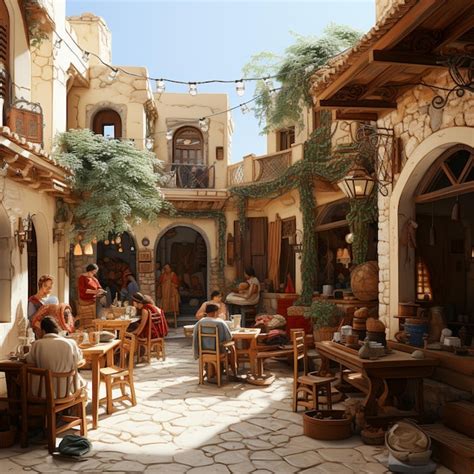 Premium Photo There Are People Sitting At Tables In A Courtyard Of A