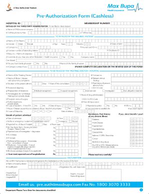 Pre Authorization Form Cashless Max Bupa Fill And Sign Printable