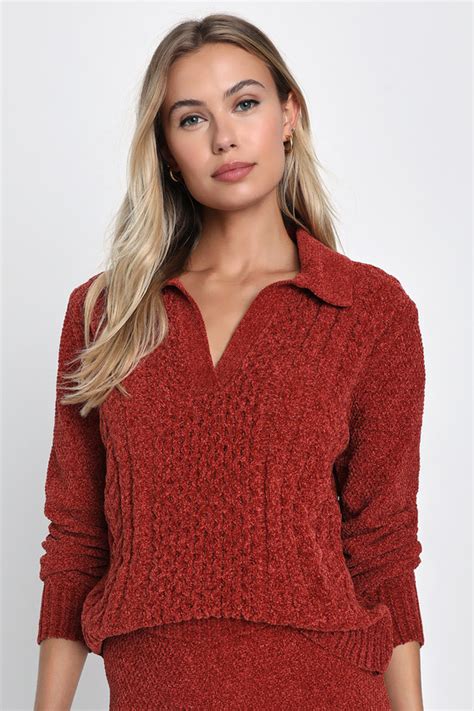 Rust Red Chenille Knit Sweater Cable Knit Sweater Sweater Top Lulus