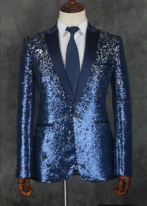 Blue Sequins Prom Party Suits One Button Slim Fit Bling Bling Mens