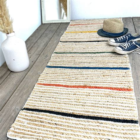 Hallway Or Entrance Jute Rug Runner With Colourful Pinstripe Design