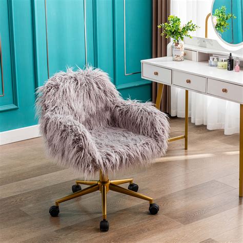 Ronshin Makeup Vanity Chair Home Office Chair Fluffy Chair With Silver Chrome Castors Modern