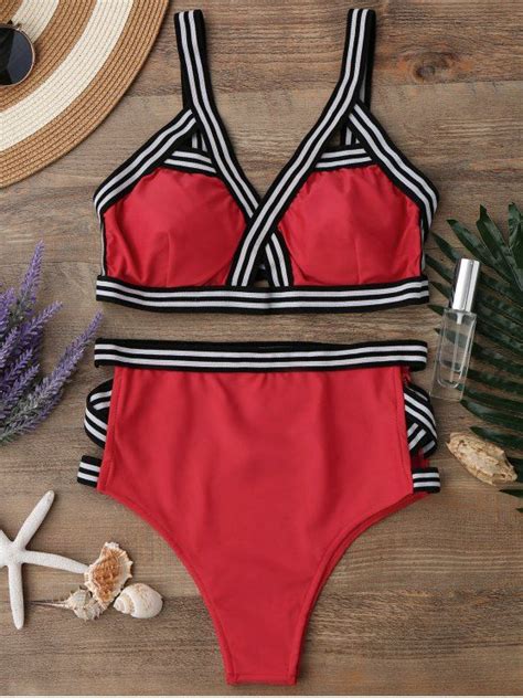 Off High Waisted Spaghetti Straps Bikini Set In Red Zaful