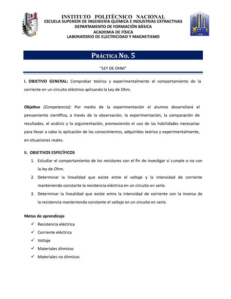 Práctica 5 Laboratorio De Electricidad Y Magnetismo Ley De Ohm