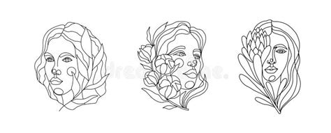 Set Of Continuous Line Art Female Faces With Leaves And Flowers A