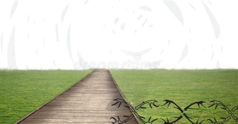 Composite Image Of Pathway Through Grass Field Against Copy Space On White Background Stock