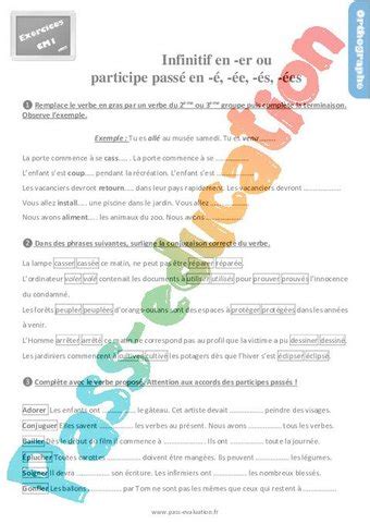 Evaluation Et Bilan Pour Le Cm1 Sur Linfinitif En Er Ou Participe