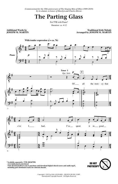 Download Traditional Irish Melody The Parting Glass Sheet Music For Ttbb Choir Chords Lyrics