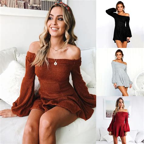 Sexy Off Shoulder Knitting Sweater Dress Women Elegant Ruffle Sash