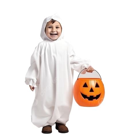 Cute Kid In White Ghost Costume Celebrating Halloween, Spooky Child With Pumpkin Candy Bucket ...