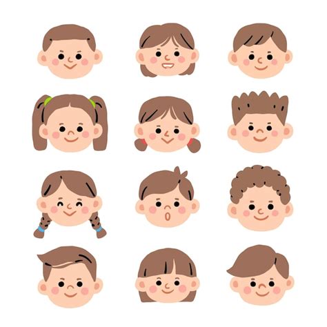 Conjunto de caras de dibujos animados de niños Vector Premium