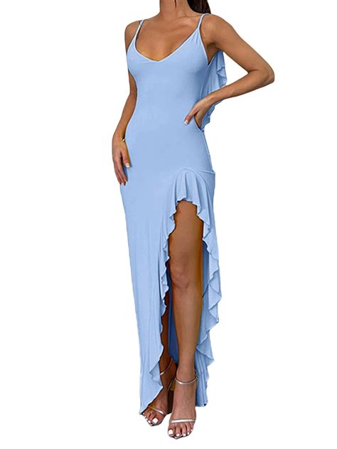 Women Spaghetti Strap Long Bodycon Dress Sleeveless Backless Irregular