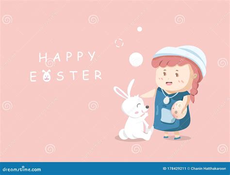 Adorable Girl And Bunny Playing Together Easter Holiday Cartoon